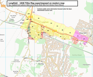 Main Road Longfield - modern map overlaid with farms in 1848 Tithe Map