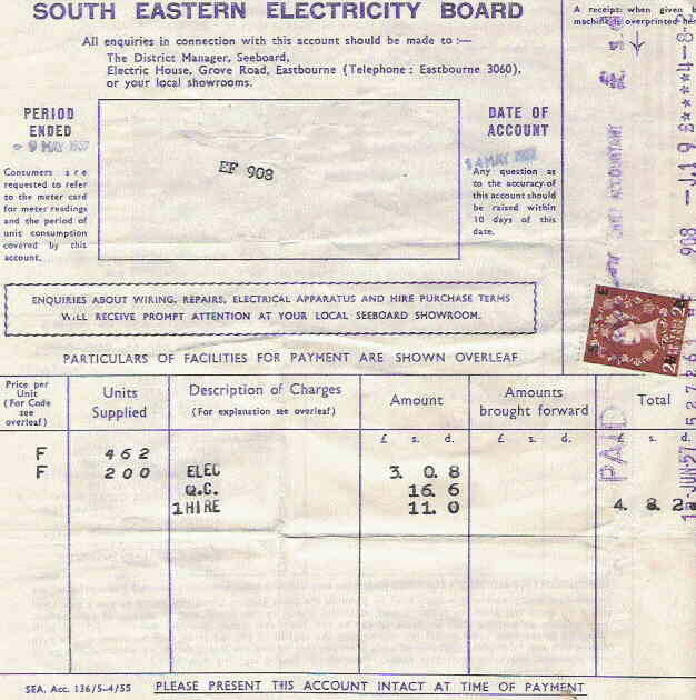 Seeboard Electricity Bill 1957