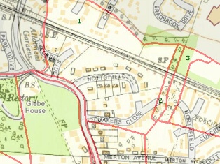 Hartley-Kent: Quakers Close - 1955 map superimposed on modern map